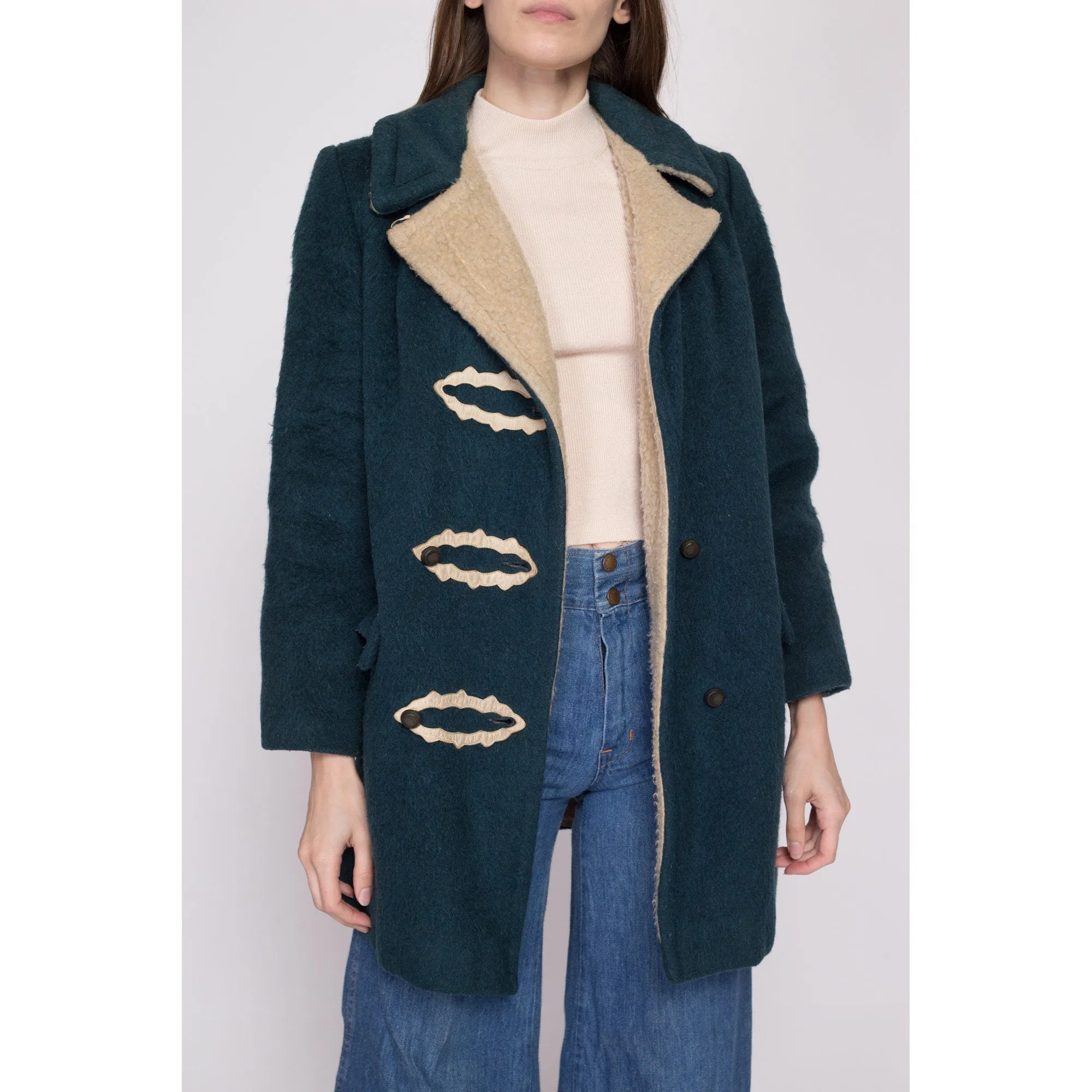 60s 70s Emerald Green Double Breasted Coat - Petite Small to Medium