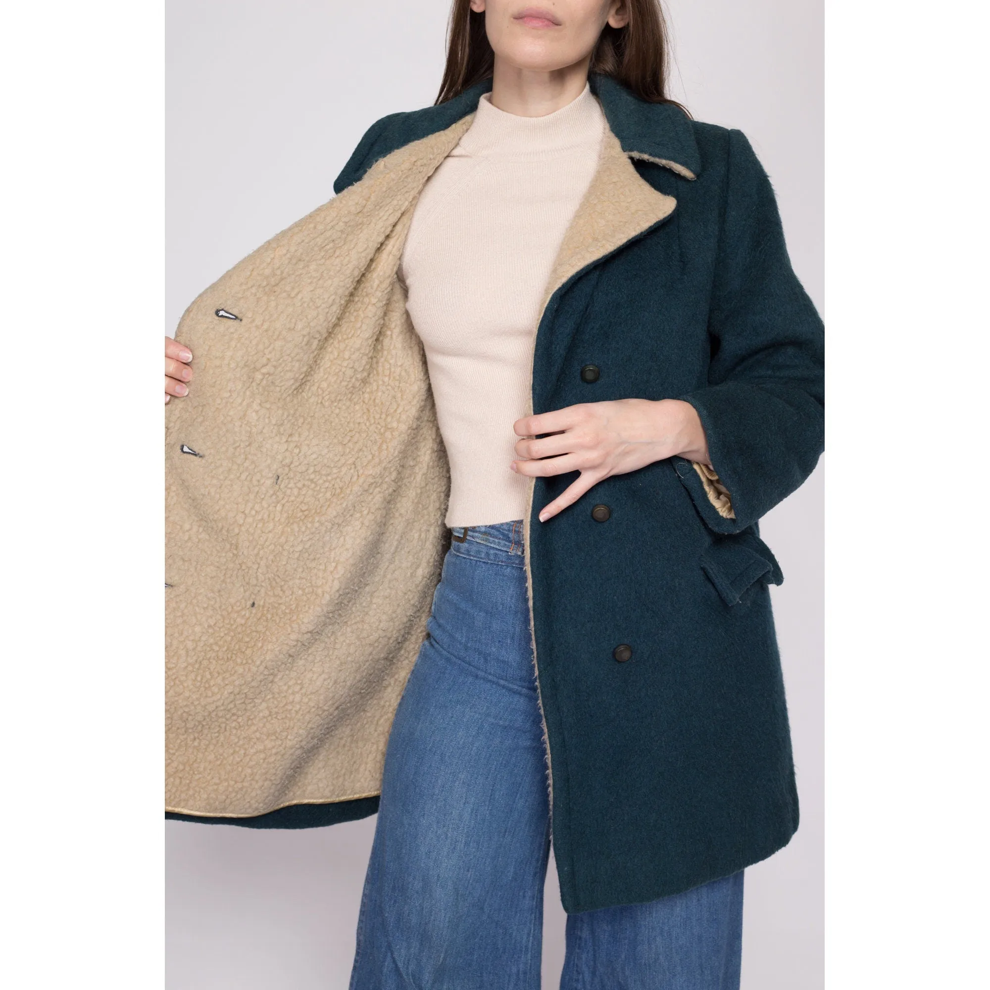 60s 70s Emerald Green Double Breasted Coat - Petite Small to Medium