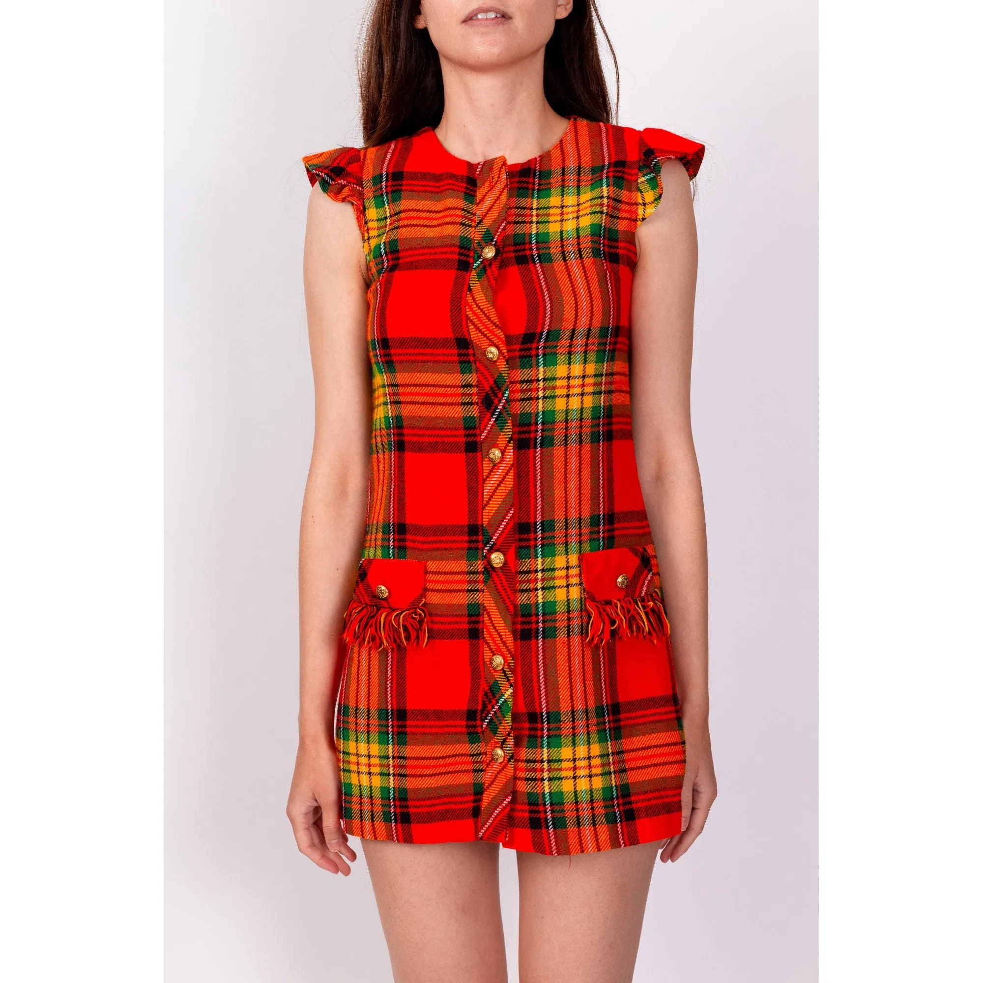 70s Red Plaid Fringe Pocket Mini Dress - XXS