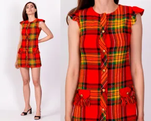 70s Red Plaid Fringe Pocket Mini Dress - XXS
