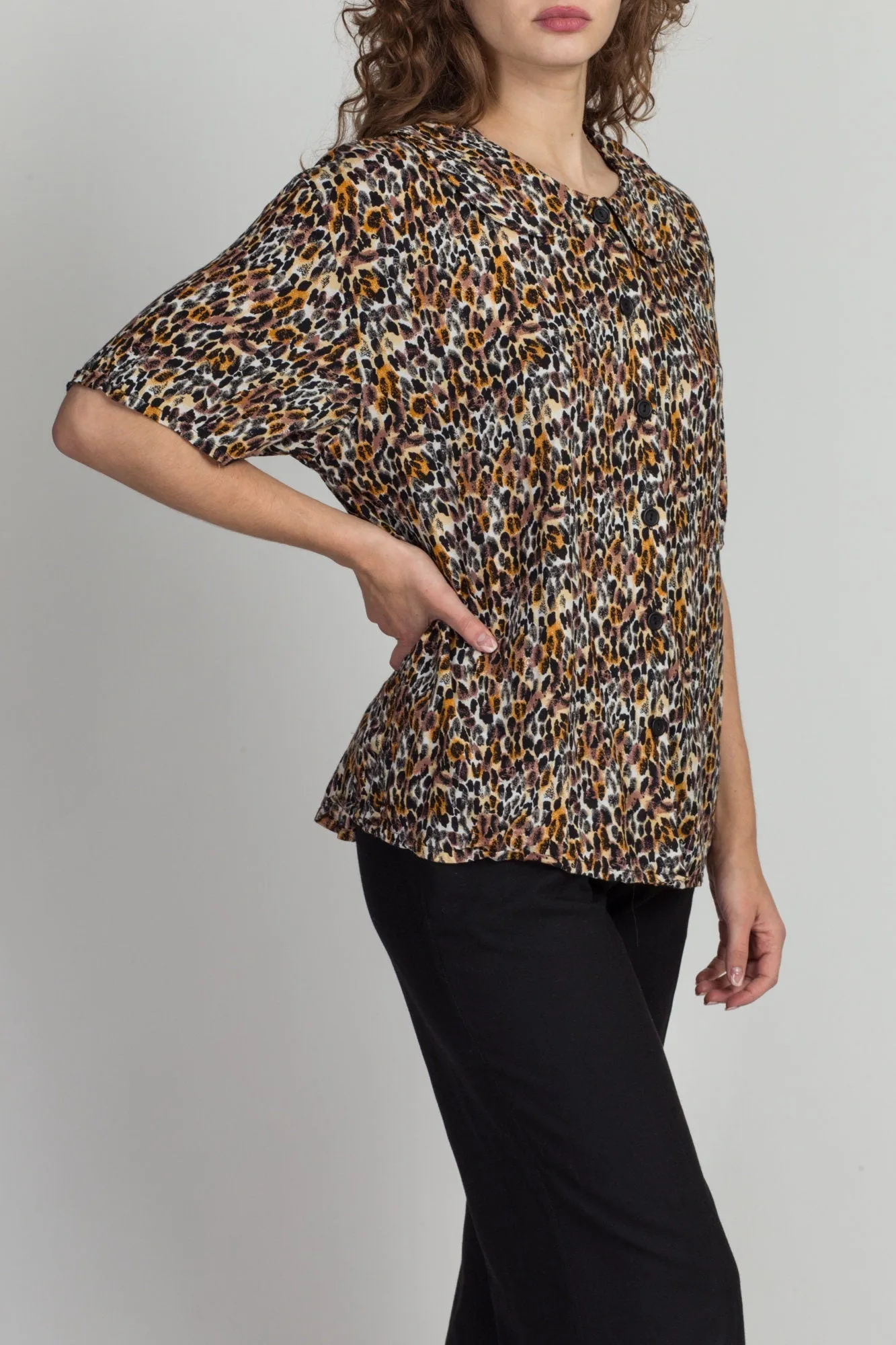 80s Leopard Print Peter Pan Collar Shirt - Extra Large