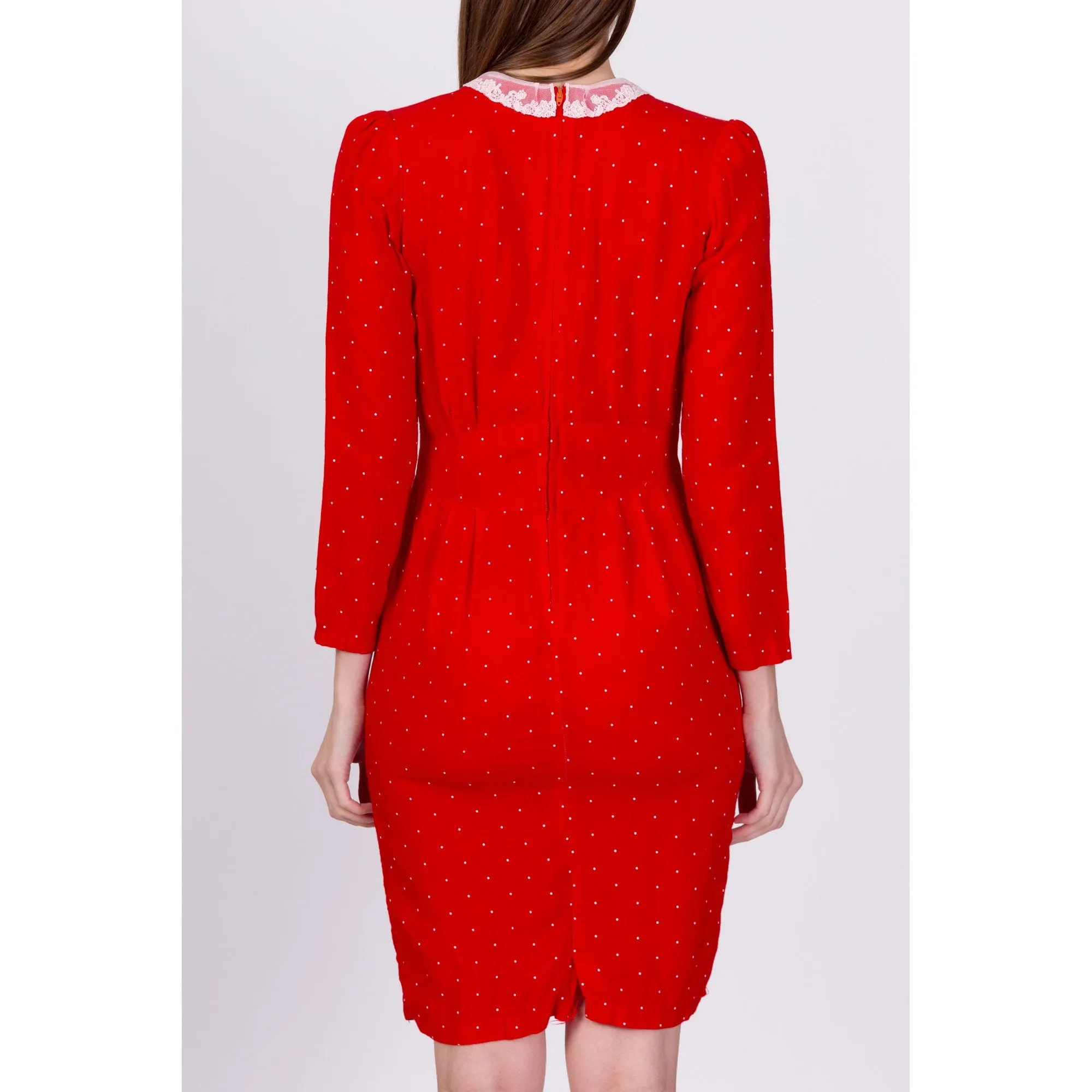 80s Red Polka Dot Lace Collar Dress - Small