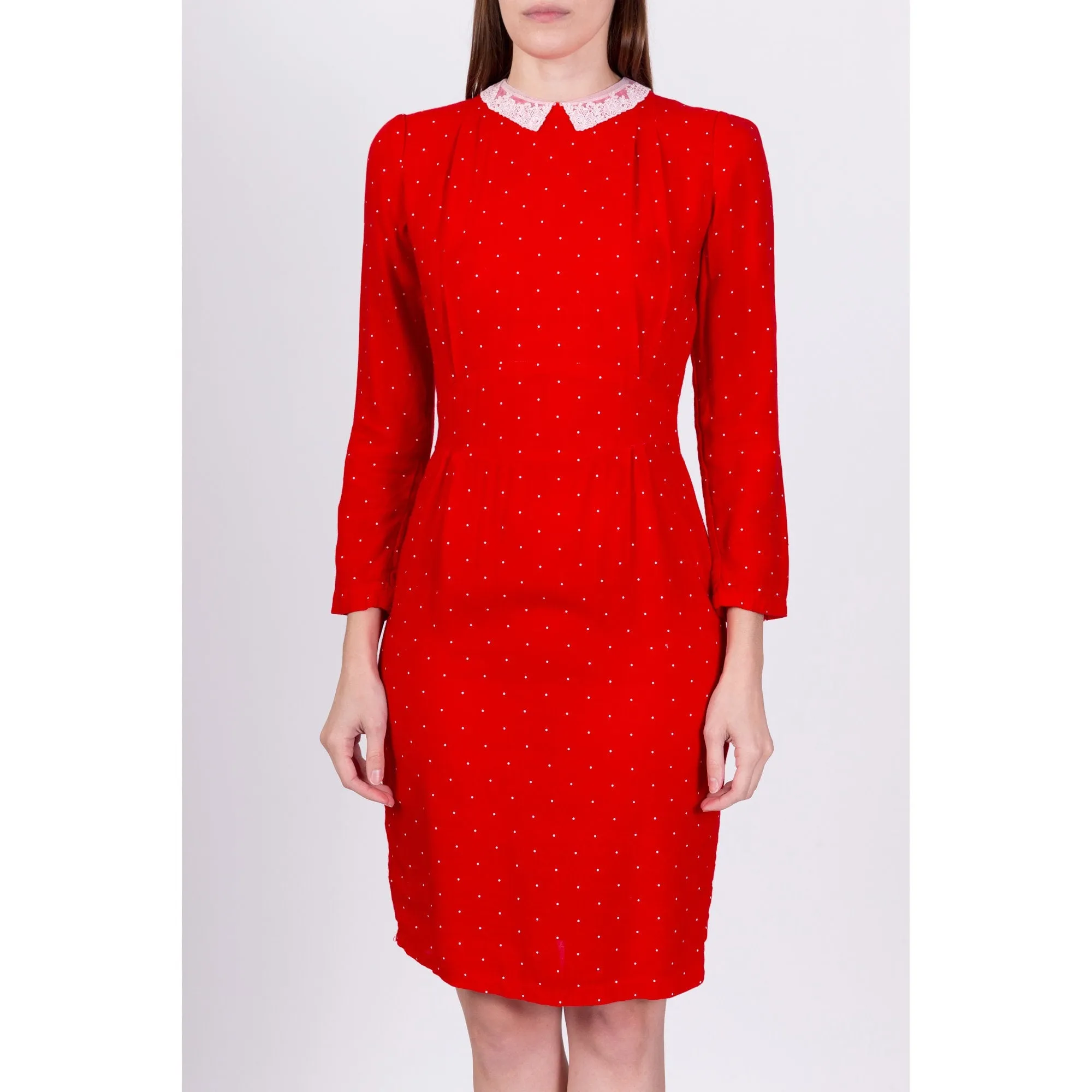 80s Red Polka Dot Lace Collar Dress - Small