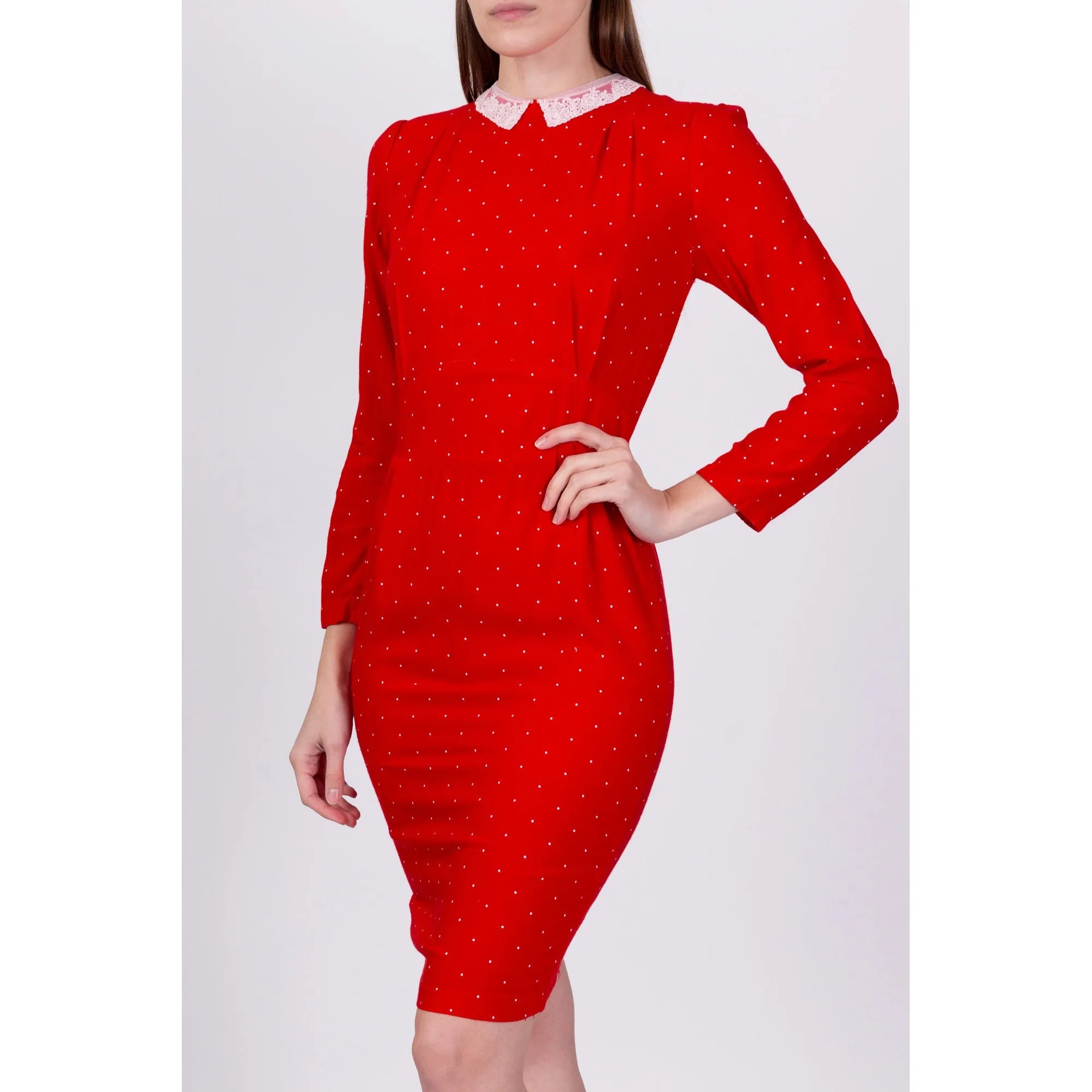 80s Red Polka Dot Lace Collar Dress - Small