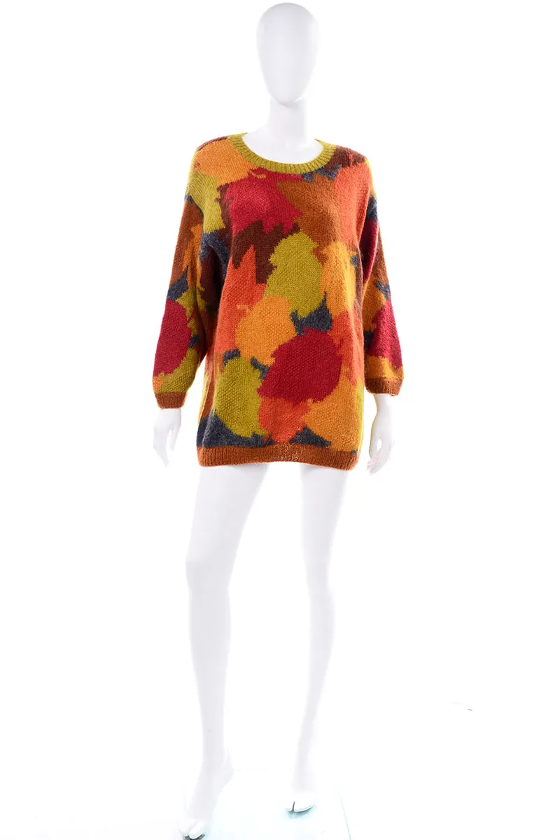 Anne Klein Vintage Mohair Fall Leaf Print Sweater in Red Orange and Green