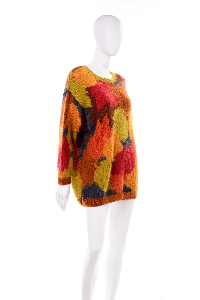 Anne Klein Vintage Mohair Fall Leaf Print Sweater in Red Orange and Green