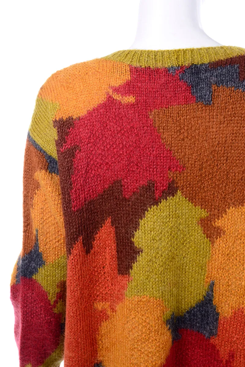 Anne Klein Vintage Mohair Fall Leaf Print Sweater in Red Orange and Green
