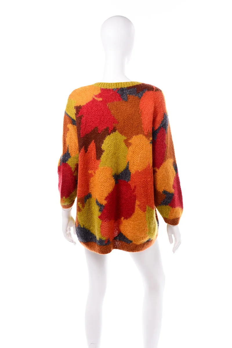 Anne Klein Vintage Mohair Fall Leaf Print Sweater in Red Orange and Green