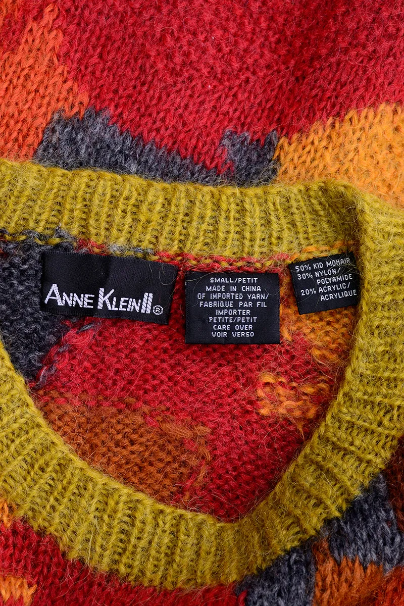 Anne Klein Vintage Mohair Fall Leaf Print Sweater in Red Orange and Green