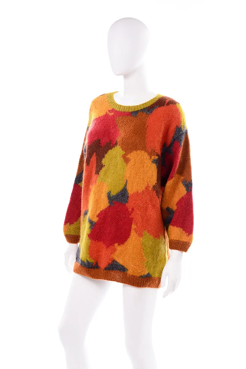 Anne Klein Vintage Mohair Fall Leaf Print Sweater in Red Orange and Green