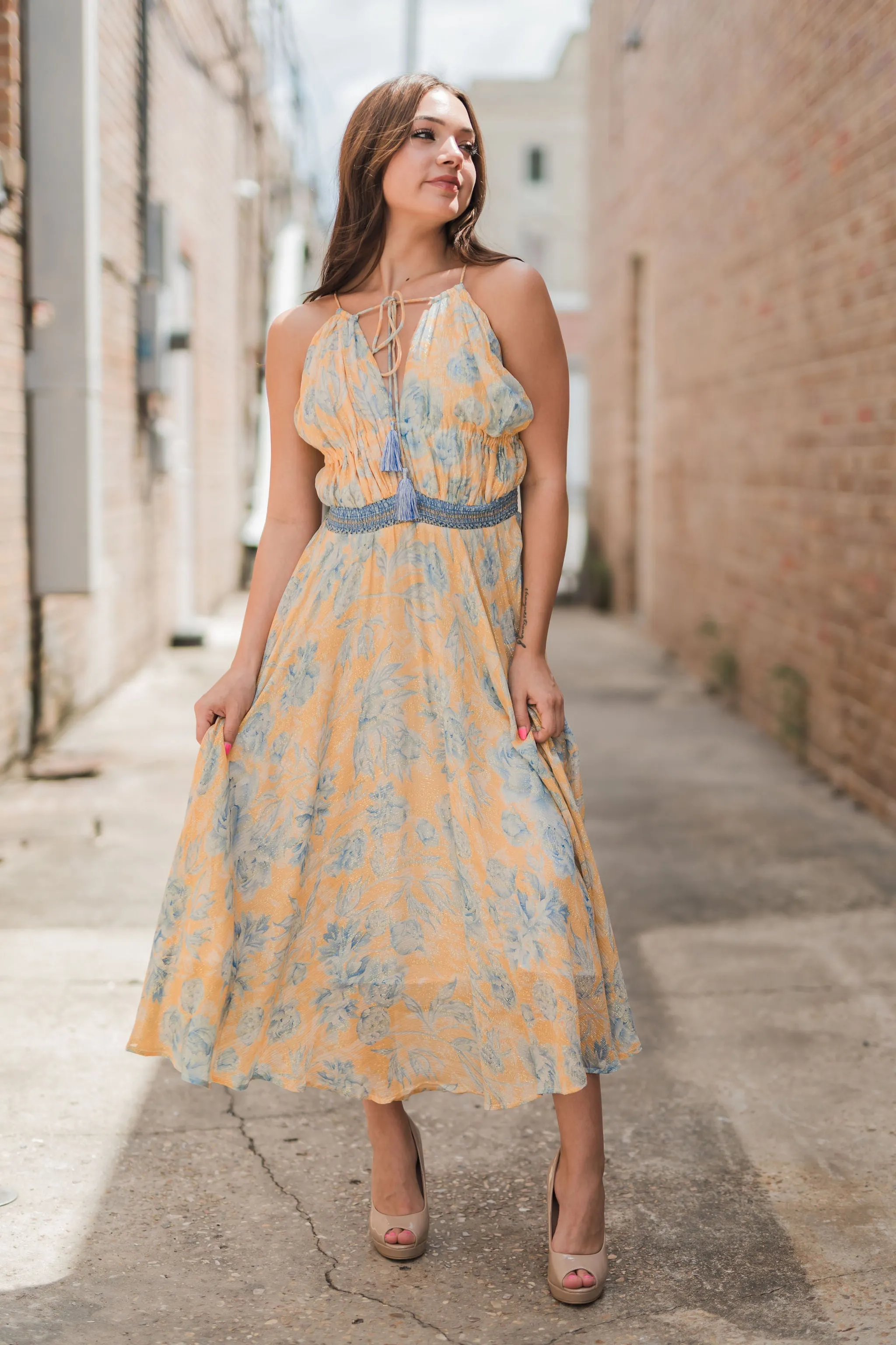 Audrey Metallic Front Cutout Smocked Waist Dress Yellow