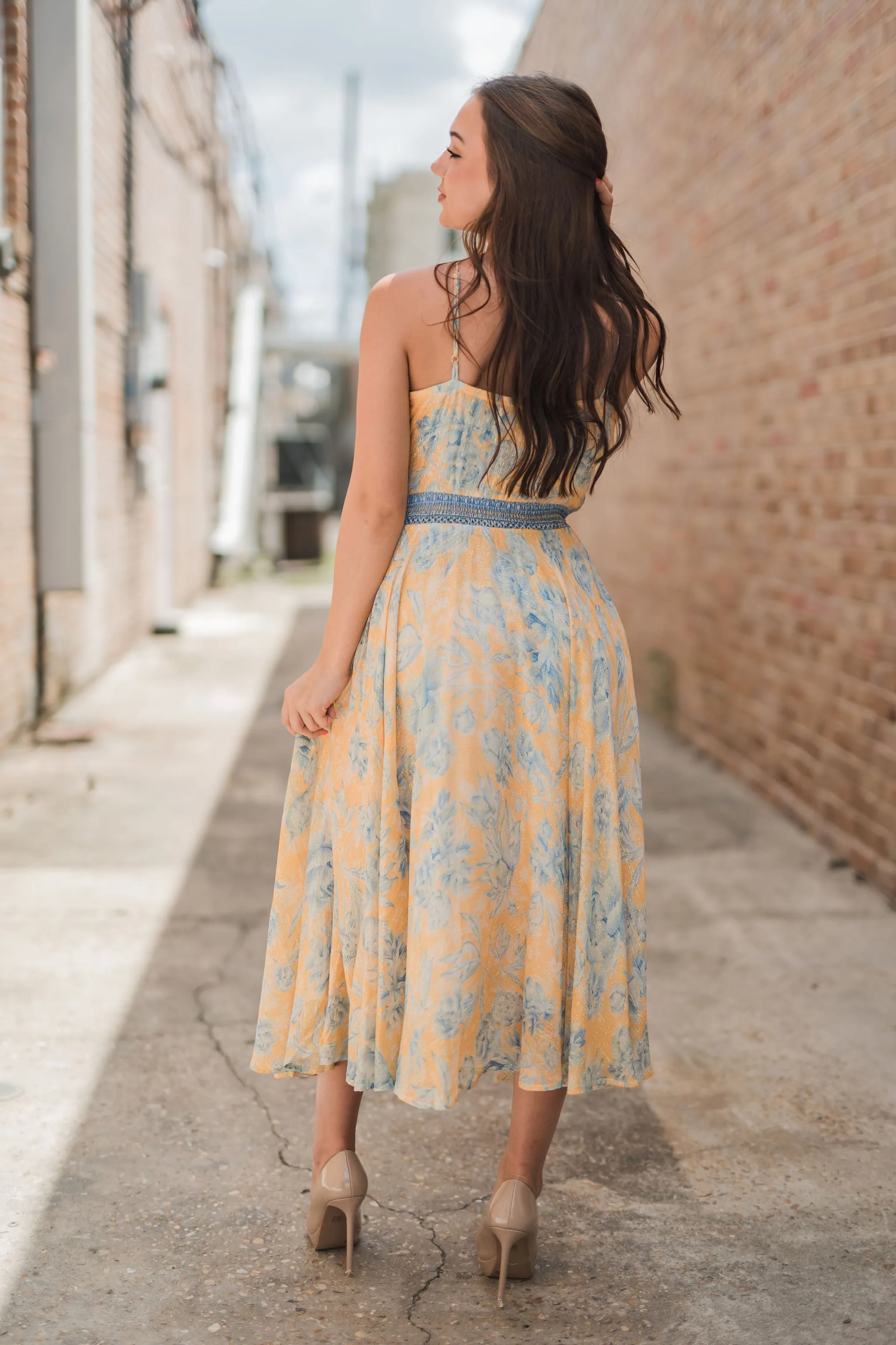 Audrey Metallic Front Cutout Smocked Waist Dress Yellow