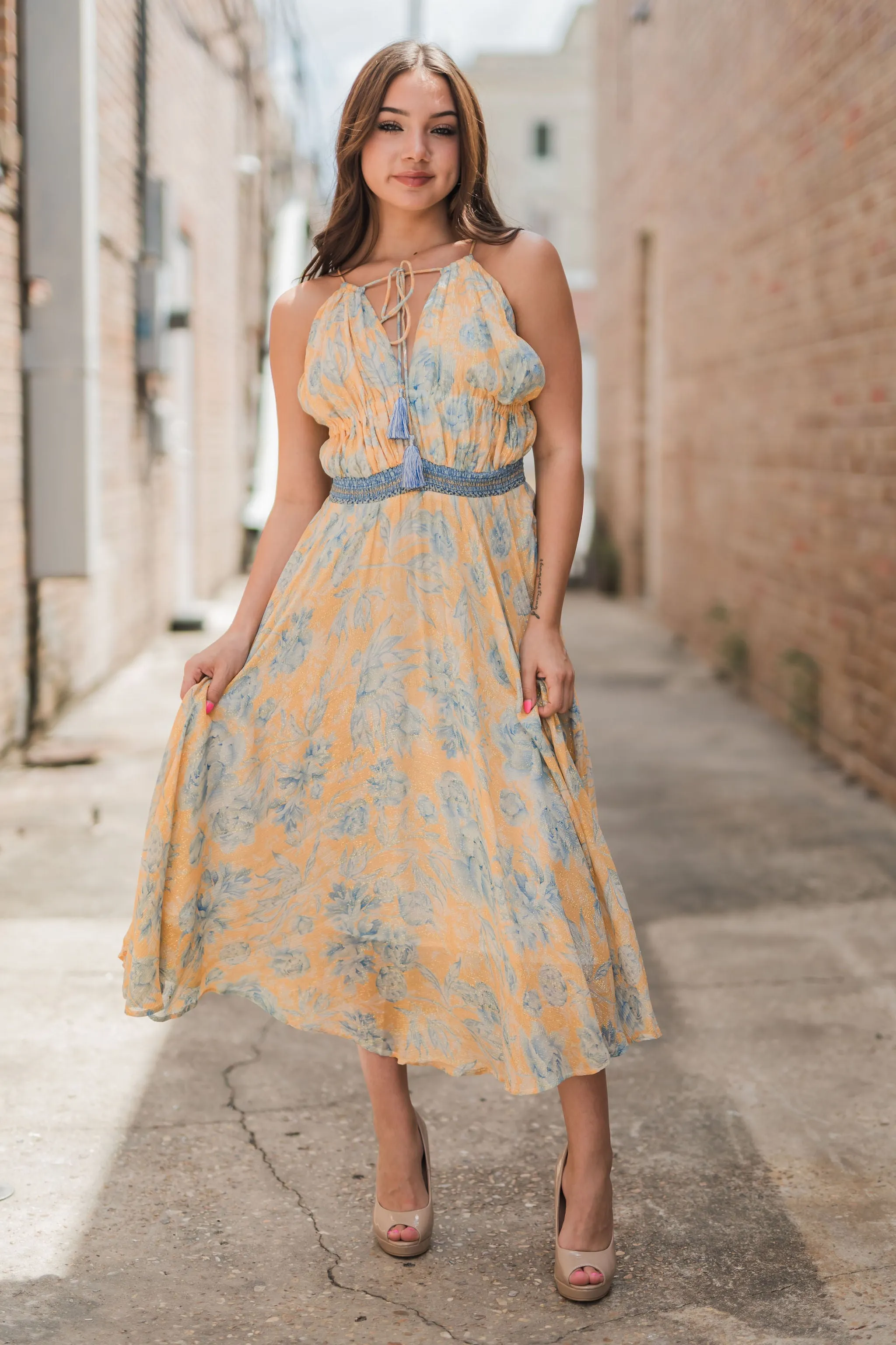 Audrey Metallic Front Cutout Smocked Waist Dress Yellow