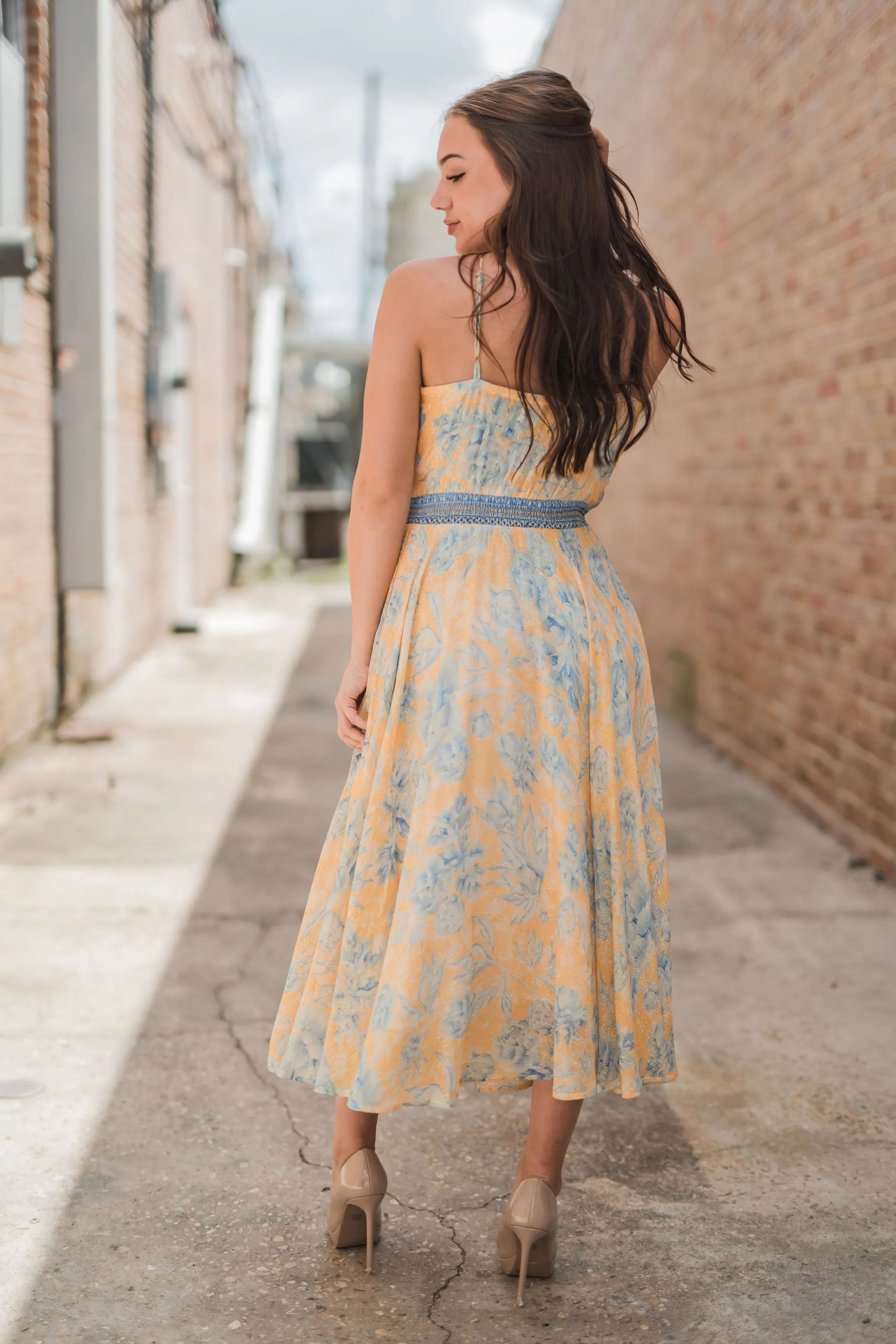 Audrey Metallic Front Cutout Smocked Waist Dress Yellow