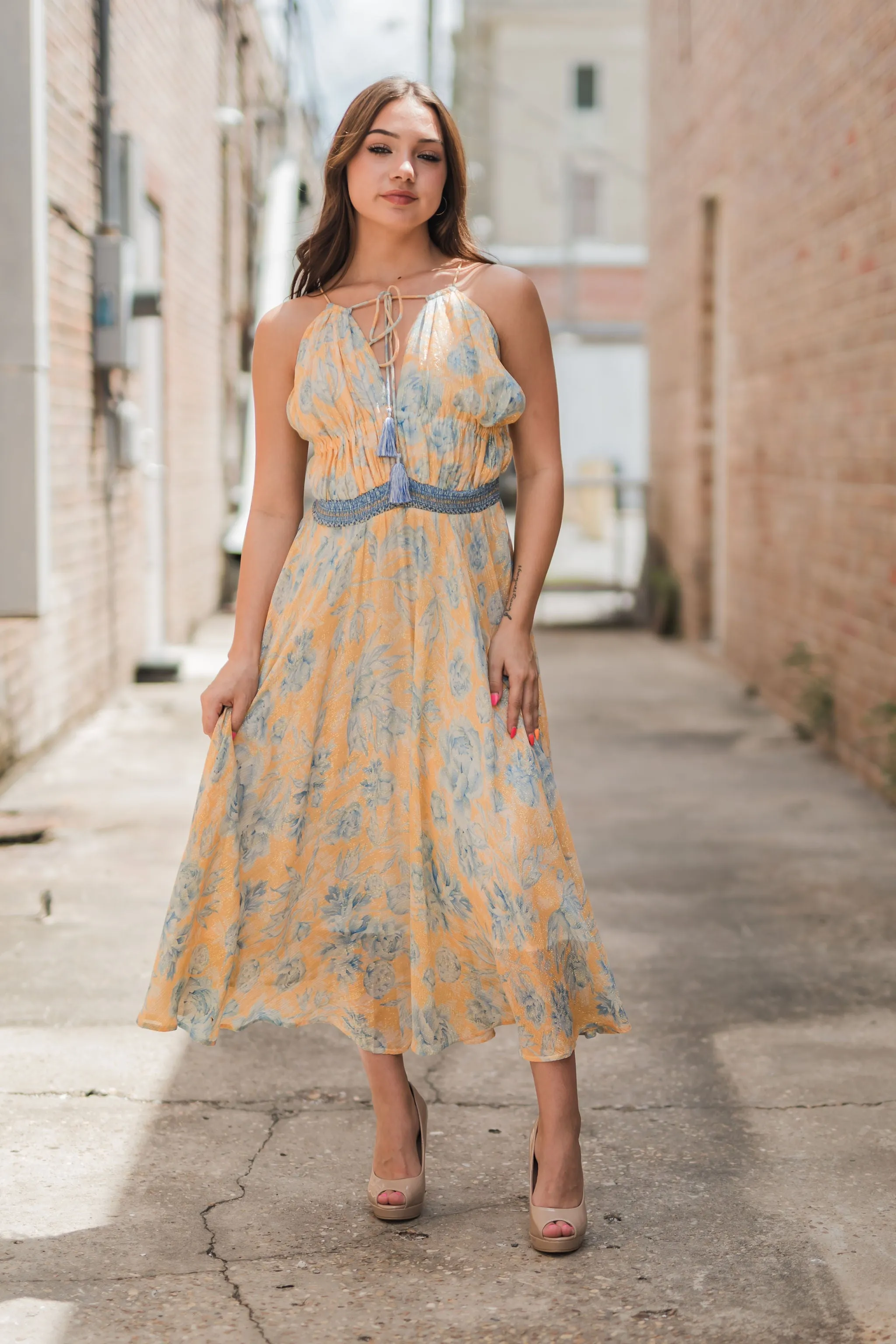 Audrey Metallic Front Cutout Smocked Waist Dress Yellow