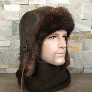 Beaver Fur Aviator Hat, Antique Brown Leather - Simon Model