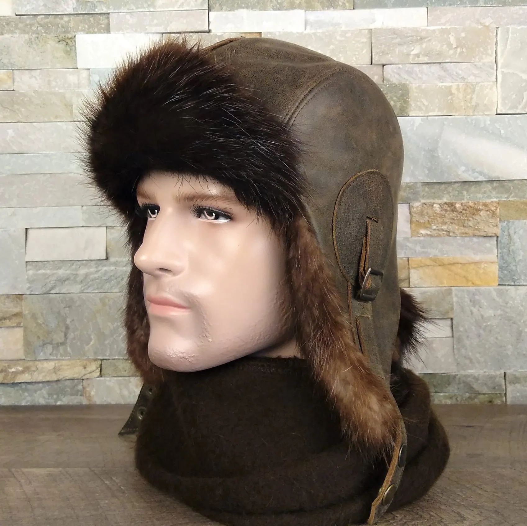 Beaver Fur Aviator Hat, Antique Brown Leather - Simon Model