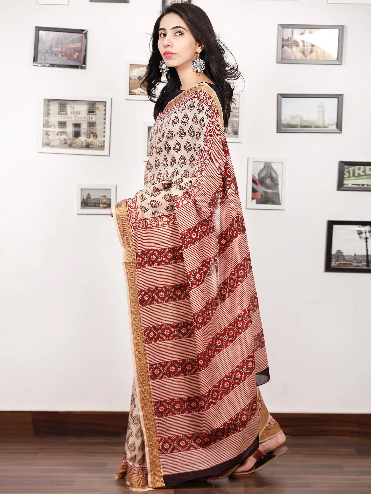 Beige Maroon Black Bagh Printed Maheshwari Cotton Saree - S031703320