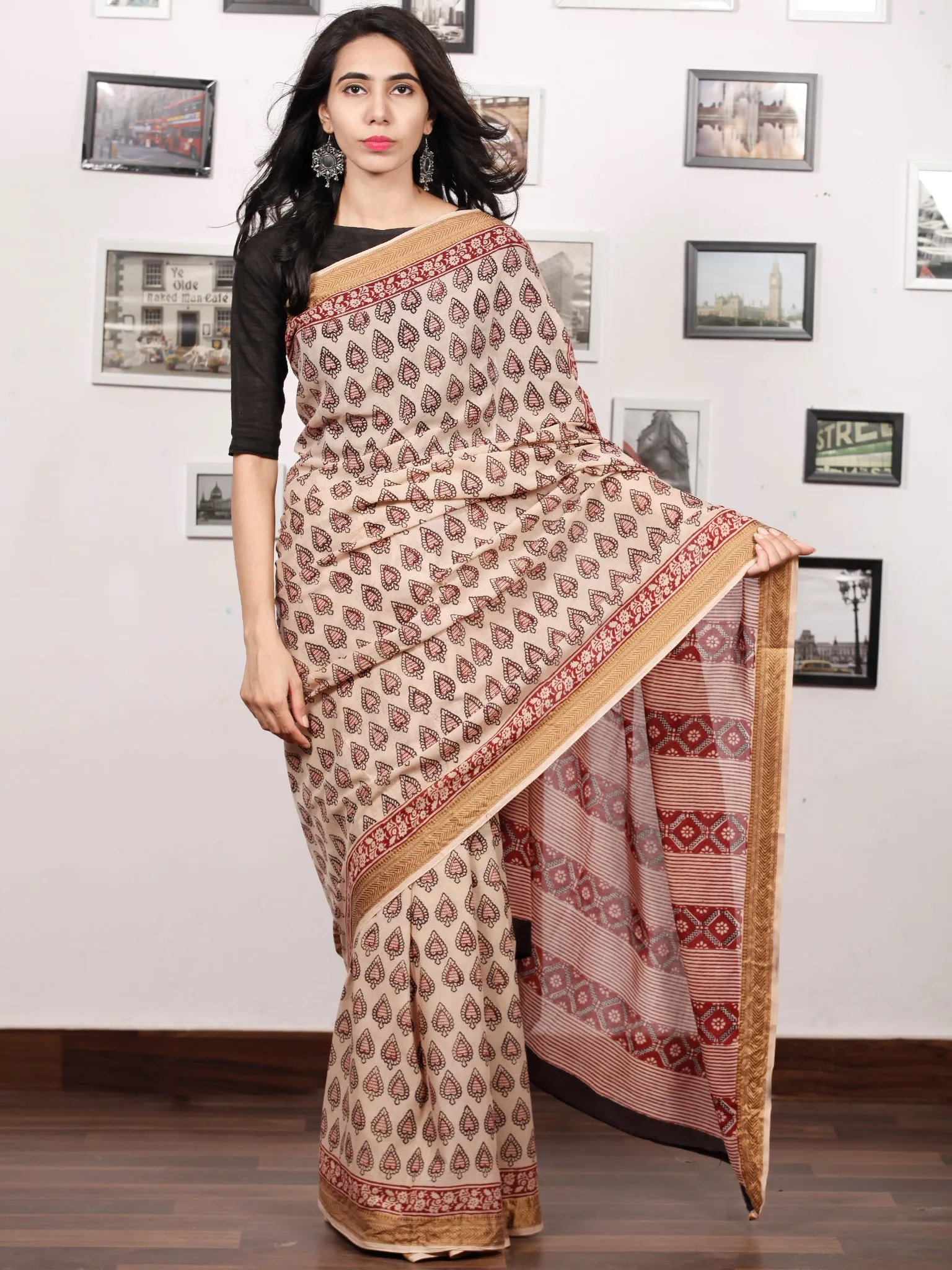Beige Maroon Black Bagh Printed Maheshwari Cotton Saree - S031703320