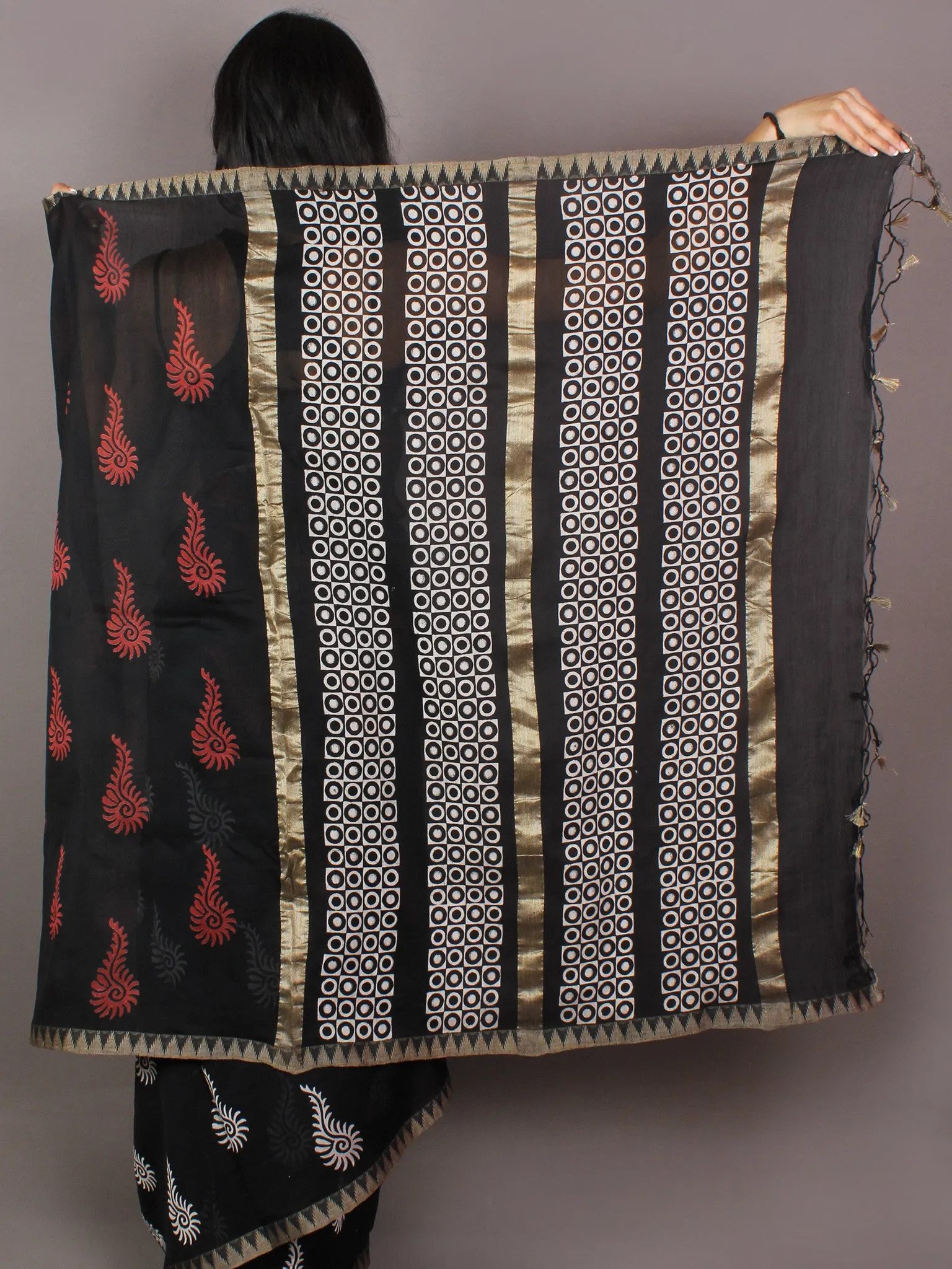 Black Red White Hand Block Printed in Natural Vegetable Colors Chanderi Saree With Geecha Border - S031701027