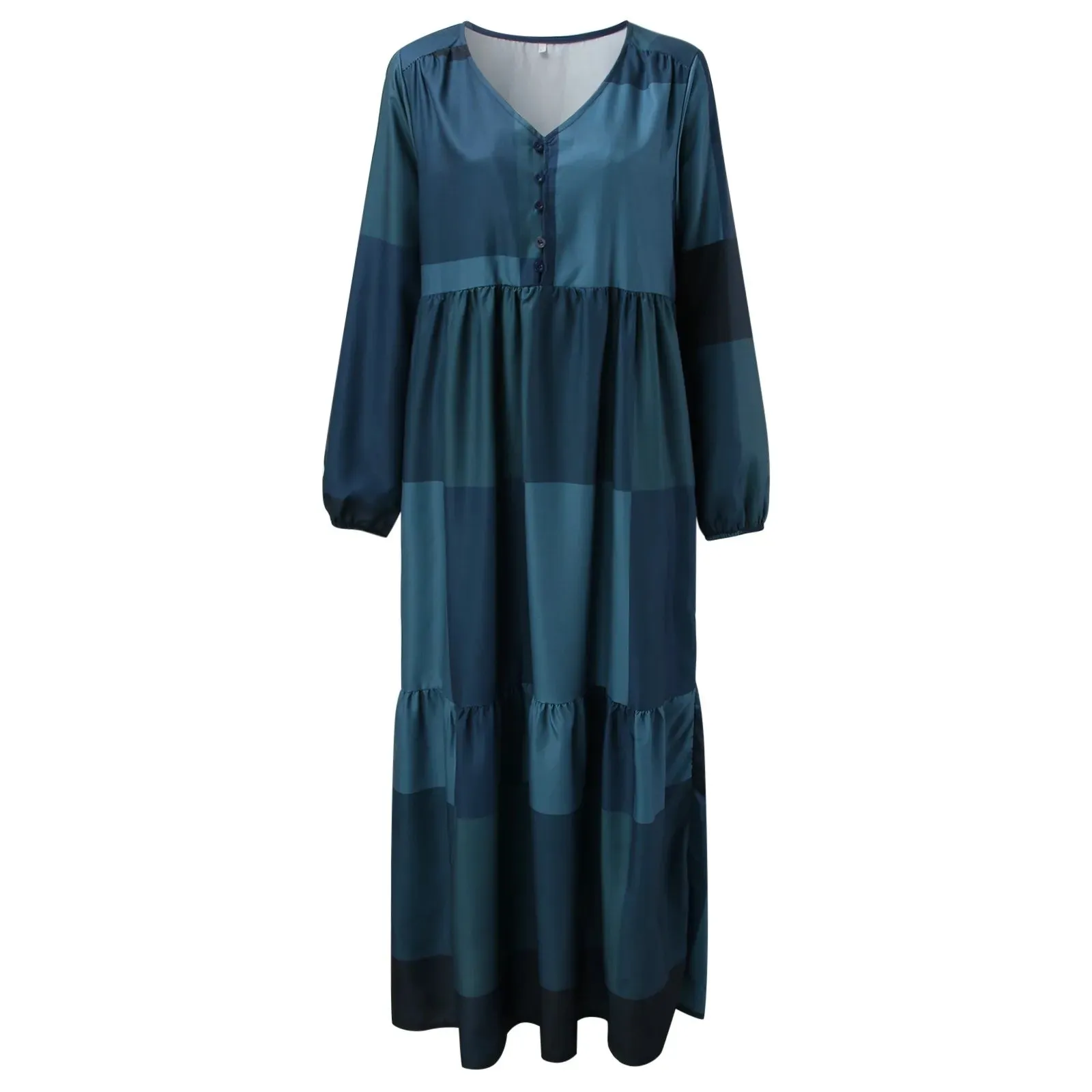Bohemian Vintage Loose Long Sleeve New Spring Autumn Women's Maxi SunCasual V Neck Plaid Dress