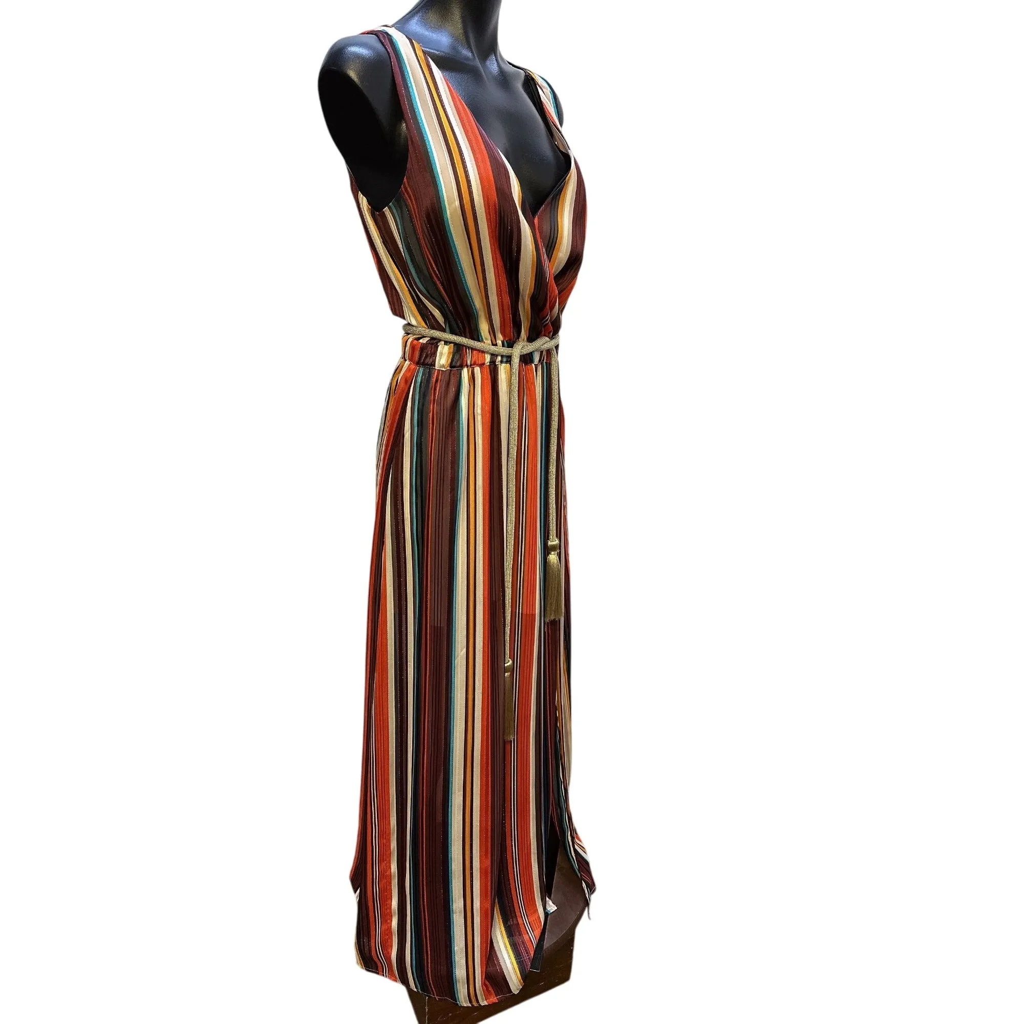 Boston Proper Striped Sleeveless Maxi Dress w/Tassel Belt Size S