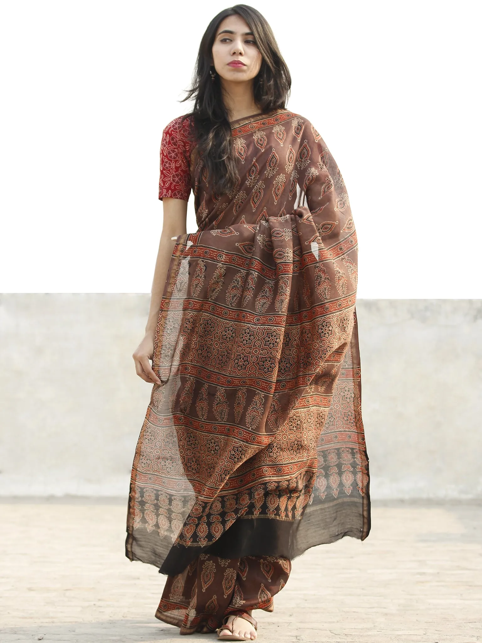 Brown Black Red Chanderi Silk Ajrakh Hand Block Printed Saree With Zari Border - S031702637