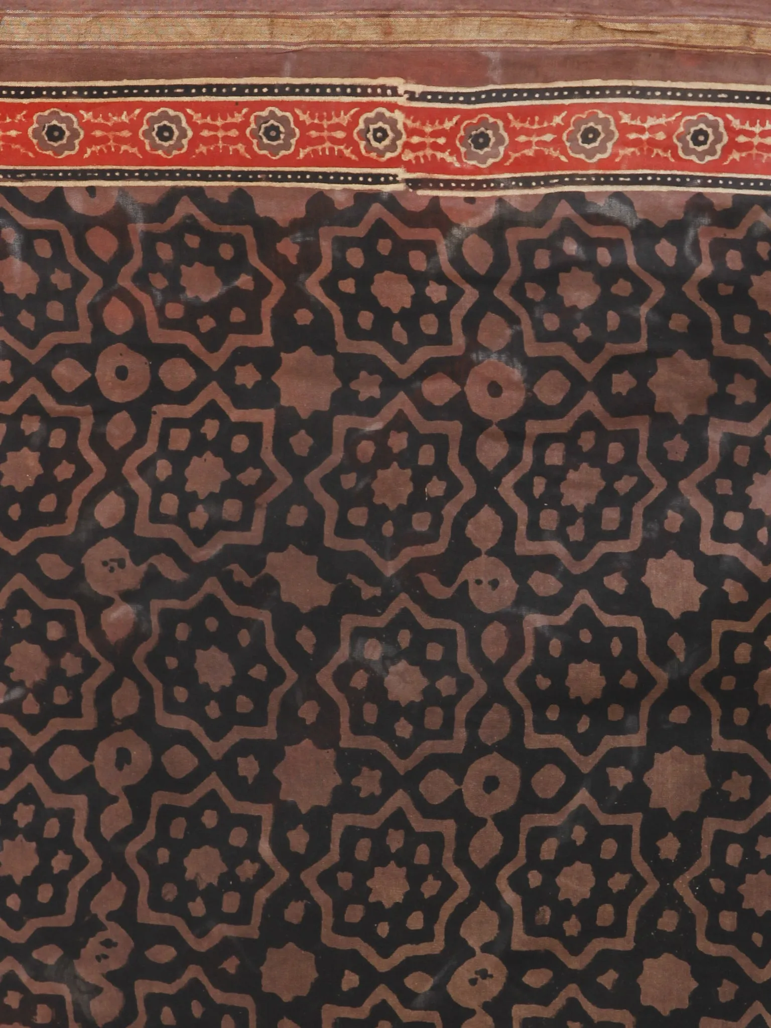 Brown Black Red Chanderi Silk Ajrakh Hand Block Printed Saree With Zari Border - S031702637