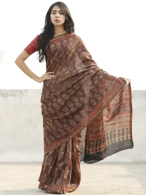 Brown Black Red Chanderi Silk Ajrakh Hand Block Printed Saree With Zari Border - S031702637