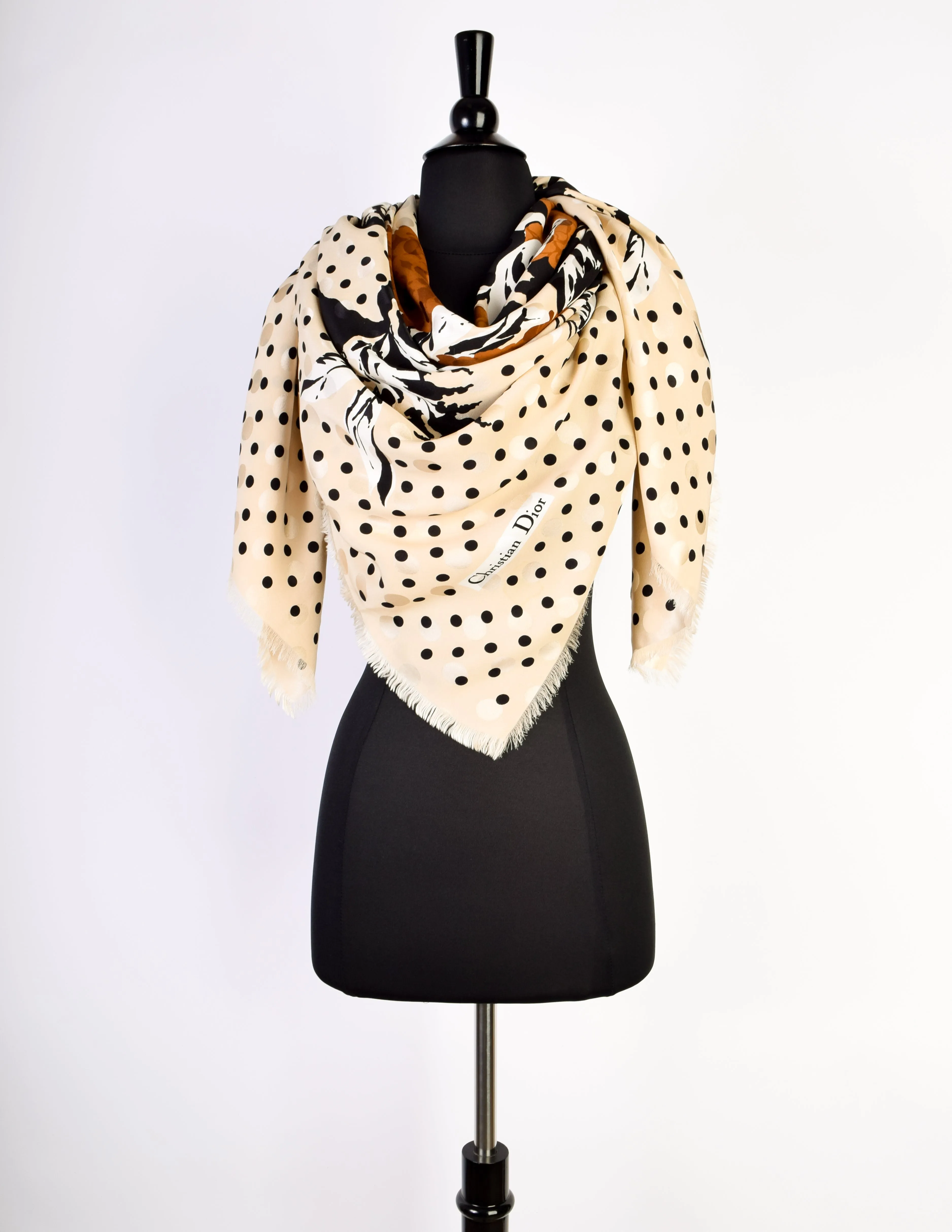 Christian Dior Vintage Hydrangea Floral Polka Dot Jacquard Massive Silk Scarf Shawl