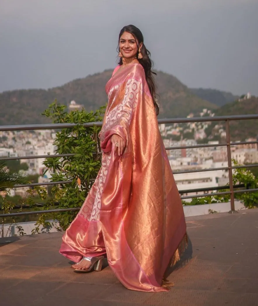 Denouement Pink Soft Banarasi Silk Saree With Impressive Blouse Piece