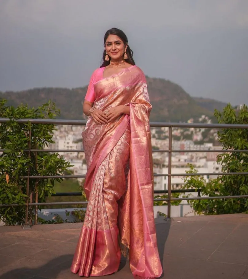 Denouement Pink Soft Banarasi Silk Saree With Impressive Blouse Piece