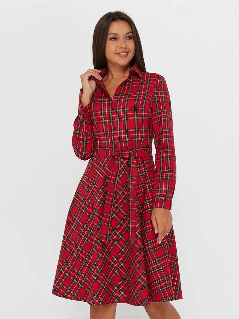 DressBetty - Vintage Scottish Plaid Shirt Dress Long Sleeve Turn-down Collar Belt Button A-line Casual Dresses