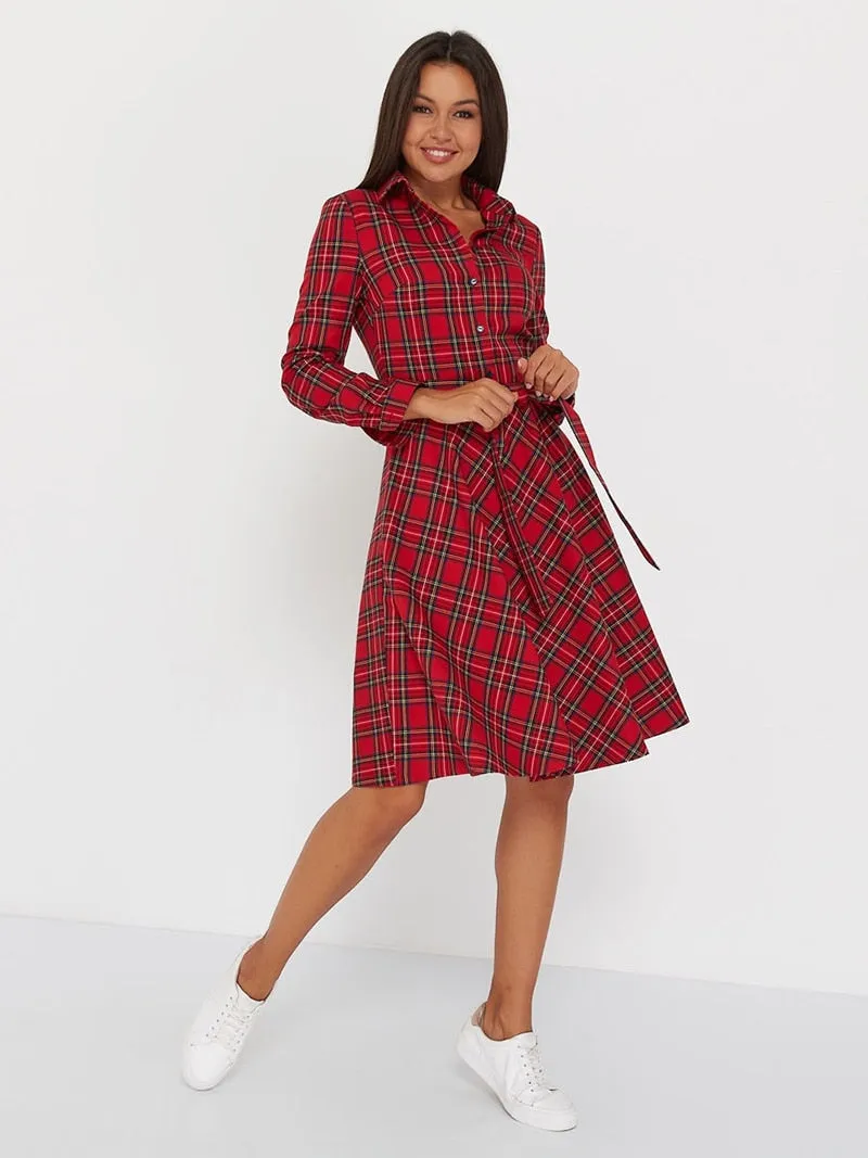 DressBetty - Vintage Scottish Plaid Shirt Dress Long Sleeve Turn-down Collar Belt Button A-line Casual Dresses