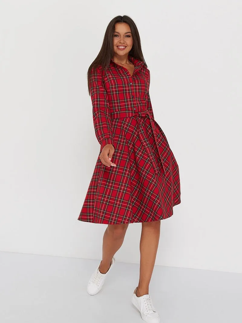 DressBetty - Vintage Scottish Plaid Shirt Dress Long Sleeve Turn-down Collar Belt Button A-line Casual Dresses
