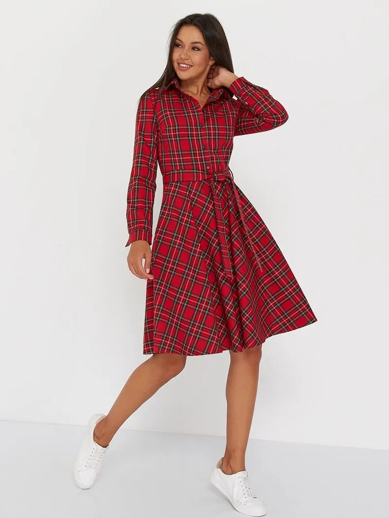 DressBetty - Vintage Scottish Plaid Shirt Dress Long Sleeve Turn-down Collar Belt Button A-line Casual Dresses
