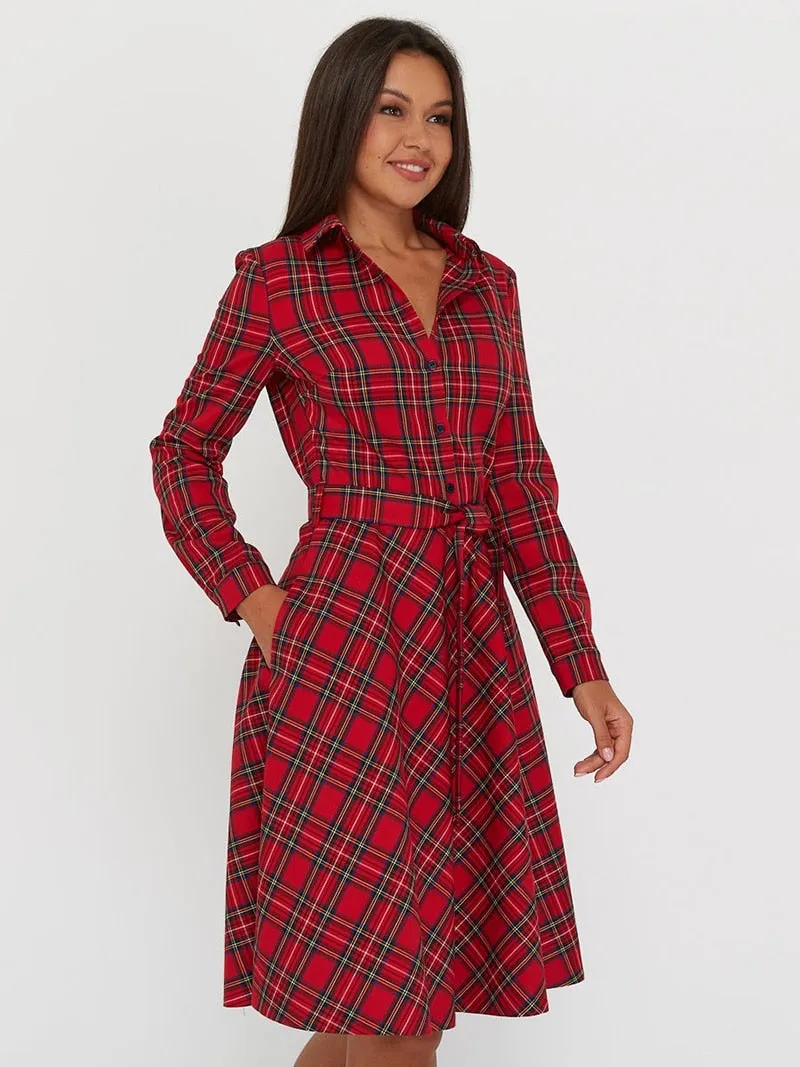 DressBetty - Vintage Scottish Plaid Shirt Dress Long Sleeve Turn-down Collar Belt Button A-line Casual Dresses