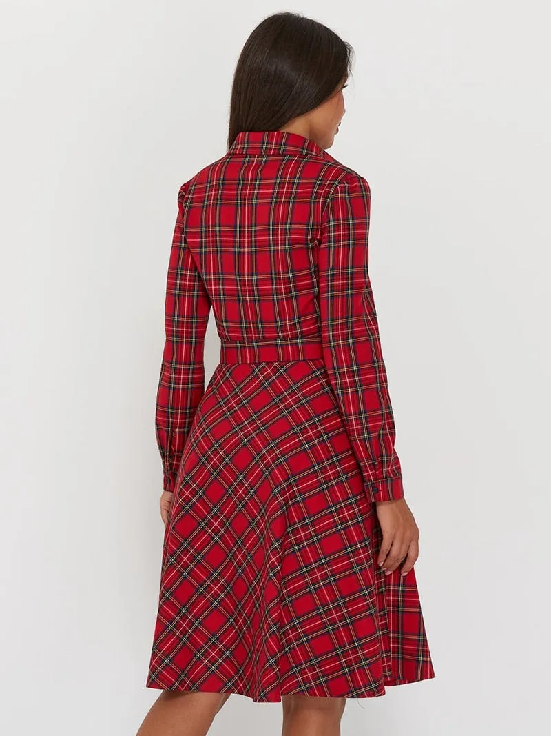 DressBetty - Vintage Scottish Plaid Shirt Dress Long Sleeve Turn-down Collar Belt Button A-line Casual Dresses