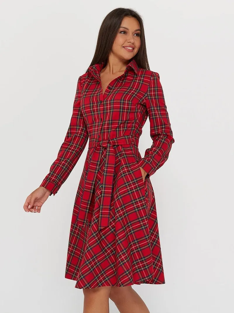 DressBetty - Vintage Scottish Plaid Shirt Dress Long Sleeve Turn-down Collar Belt Button A-line Casual Dresses