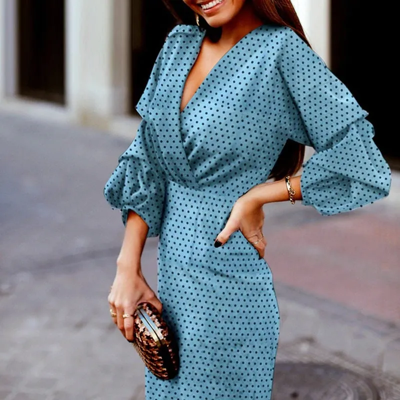 Elegant Polka Dot V-neck Lantern Sleeve Vintage High Waist Midi Dress