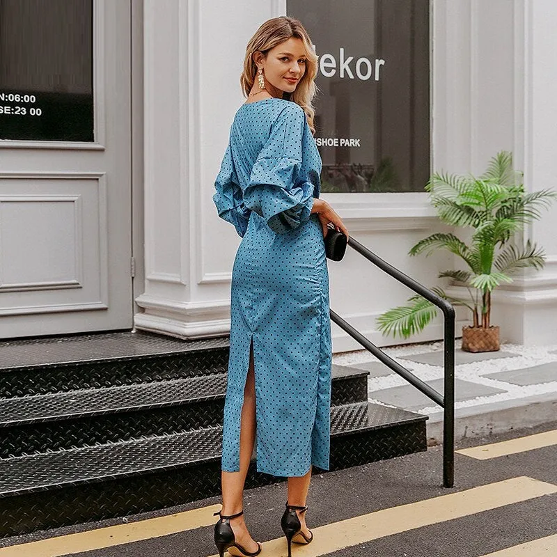 Elegant Polka Dot V-neck Lantern Sleeve Vintage High Waist Midi Dress