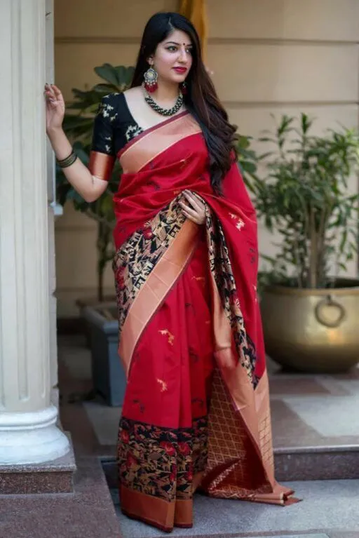 Elegant Red Soft Banarasi Silk Saree With Sensational Blouse Piece