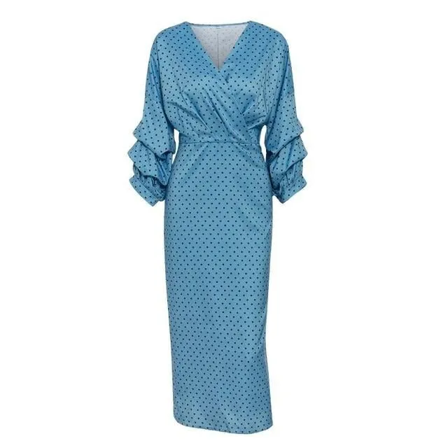 Elegant V-neck Polka Dot Lantern Sleeve Plus Size Evening Party Slim Vintage Dress