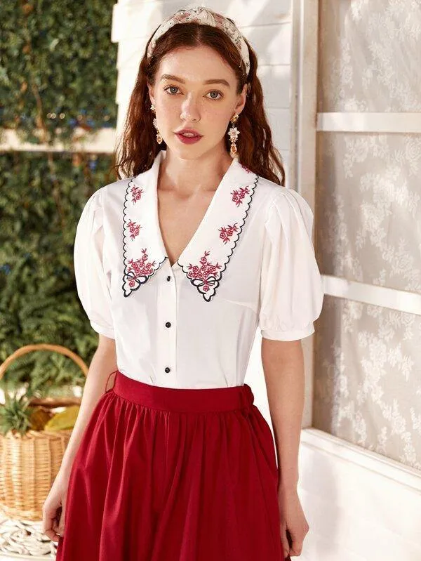 Embroidered Peter Pan Collar Puff Sleeve Blouse