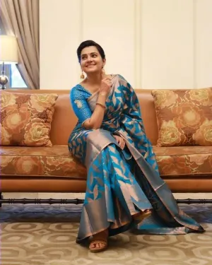 Ephemeral Firozi Soft Banarasi Silk Saree With Unique Blouse Piece