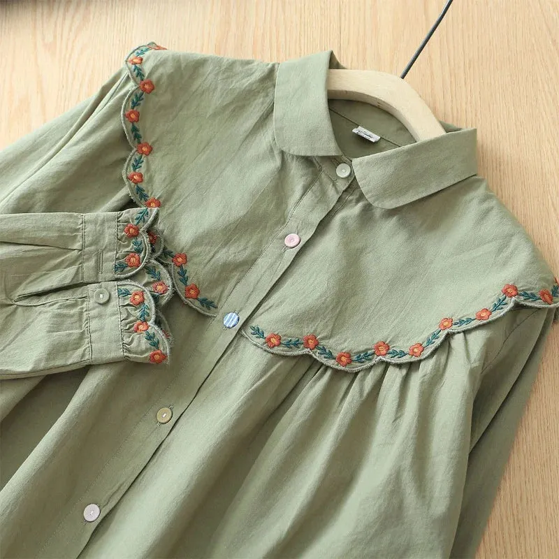 Girlary Fashion Vintage Blouses Peter Pan Collar Long Sleeve Floral Embroidery Button Shirts Spring Casual Loose Elegant Women Clothing