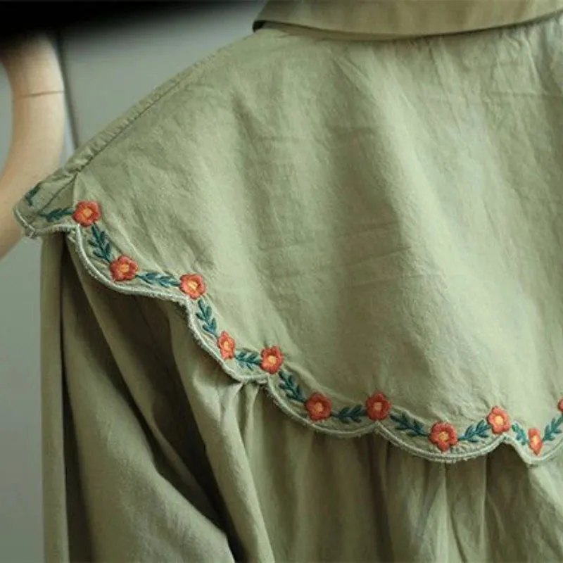 Girlary Fashion Vintage Blouses Peter Pan Collar Long Sleeve Floral Embroidery Button Shirts Spring Casual Loose Elegant Women Clothing