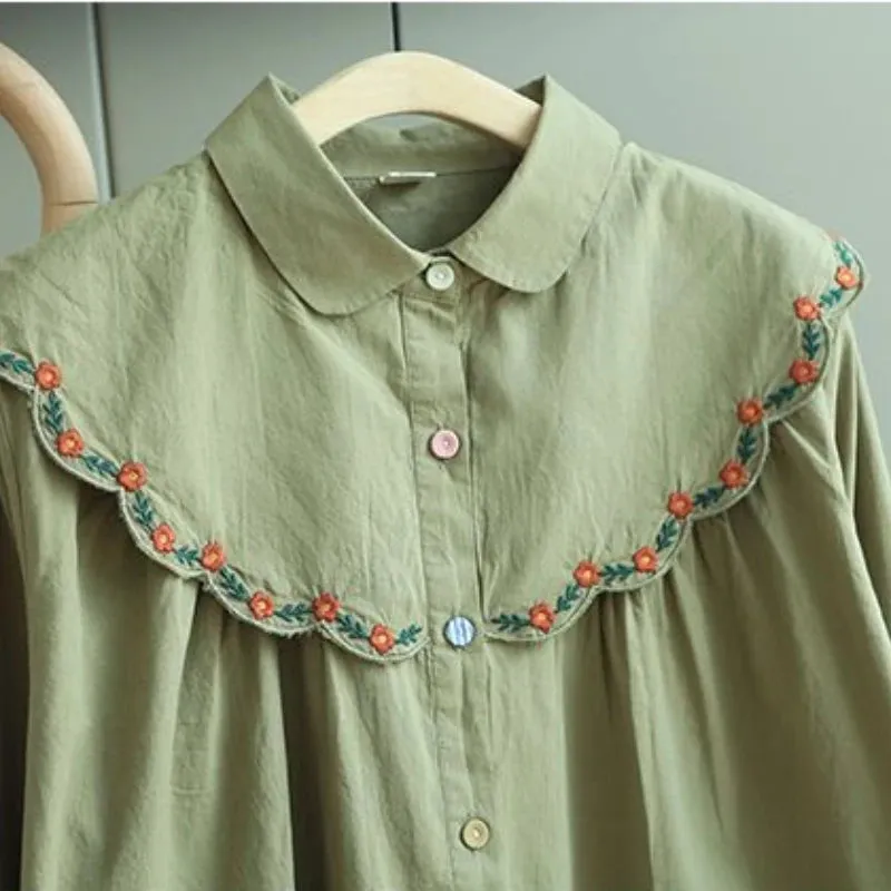 Girlary Fashion Vintage Blouses Peter Pan Collar Long Sleeve Floral Embroidery Button Shirts Spring Casual Loose Elegant Women Clothing