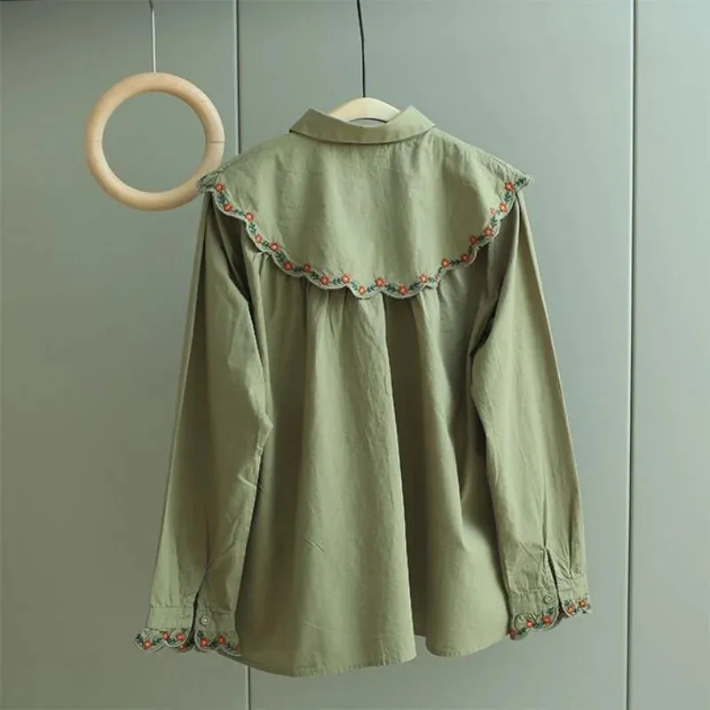 Girlary Fashion Vintage Blouses Peter Pan Collar Long Sleeve Floral Embroidery Button Shirts Spring Casual Loose Elegant Women Clothing