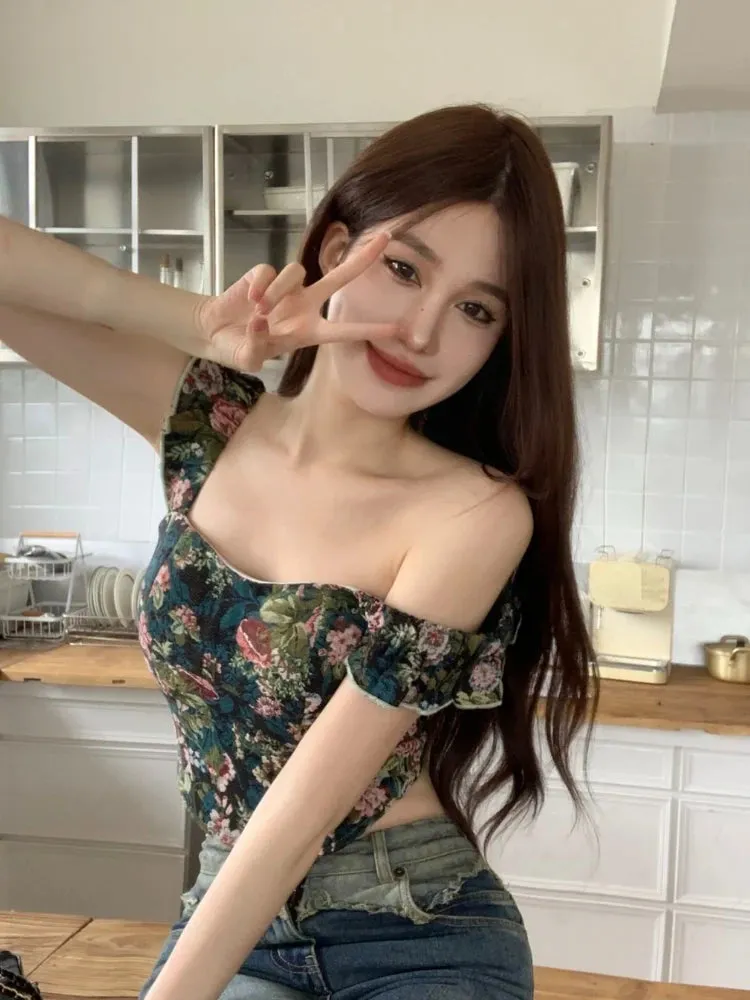 Girlary Floral Print French Vintage Vest Women Ruffles Korean Fashion Sexy Tank Top Female Holiday Party Elegant Designer Camis New